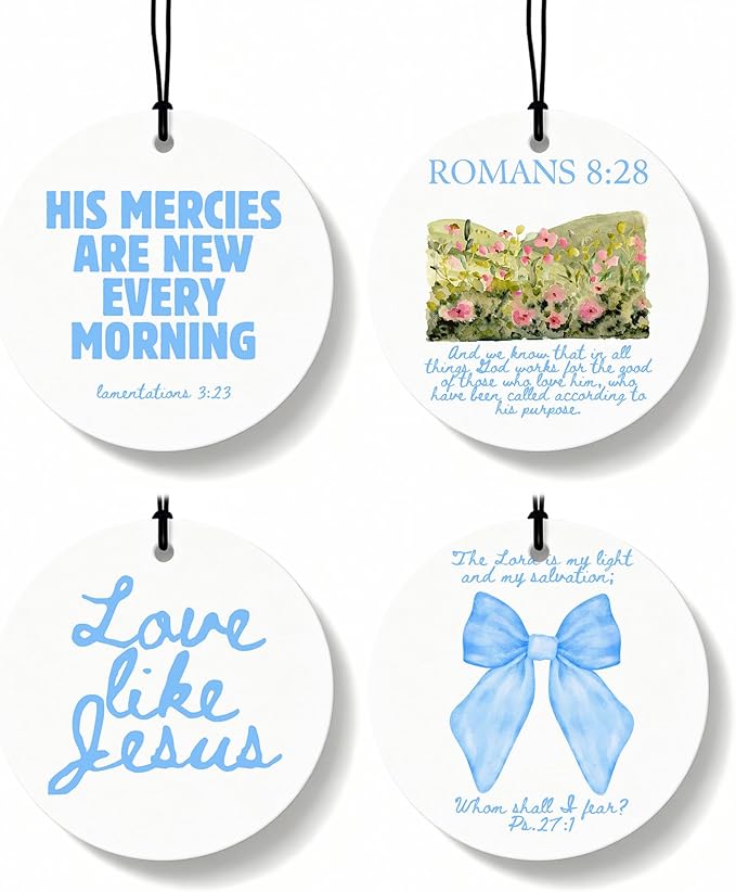 Blue Christian Round Car Air Freshener 4 Pcs, Coquette Blue Bow Bible Verse Religious Hanging Air Freshener for Cars Closet Drawer Books, Christian Girly Car Accessories Mirror Decor for Women