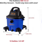 Koblenz Wet-Dry Vacuum, 12 Gallon Tank, 5.5 HP Vacuum Cleaner with 2-1/2" in x 7' Locking Hose, with a Blower Function, Blue/Black, 5 Year Warranty, with Included Accessories, WD-12 L4