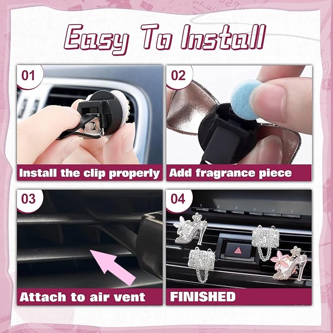 x xotic tech 4Pcs Bling Air Vent Fresh Clips Rhinestone Car Fresheners Air Outlet Decor Car Interior Crystal Charm Accessories Valentine's Day Gifts for Her Girlfirend Women (Pink High Heel Shoes)