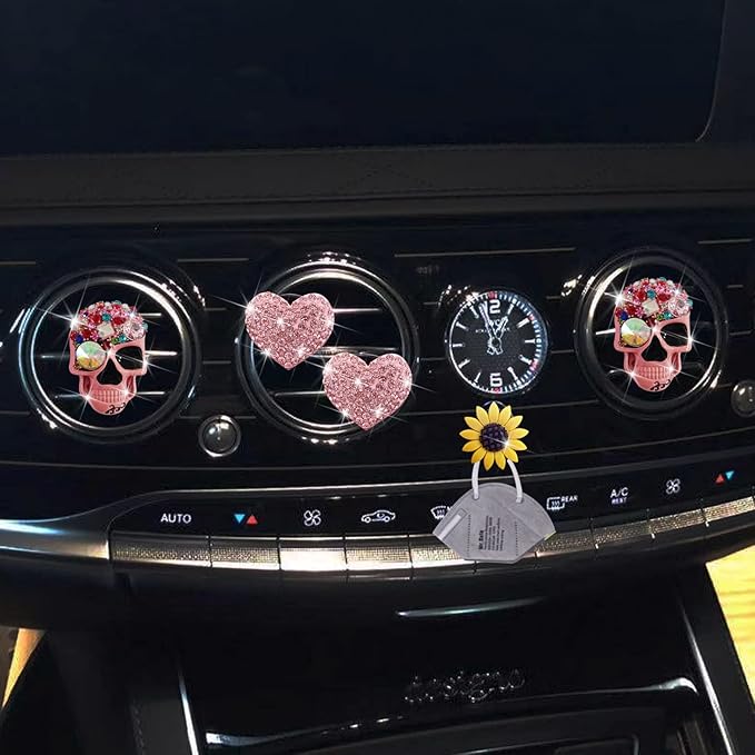Pink Heart & Skull Air Vent Clips - 4 Pcs Diamond Car Interior Decor, Bling Skeleton Air Fresheners, Vents Clips, Funny Car Accessories + Sunflower Mask Hook