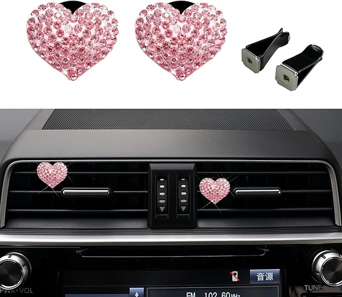 2PCS Bling Heart Air Vent Clips, Heart Shaped Crystal Air Freshener Vent Clips, Rhinestone Air Conditioning Outlet Clip, Universal Interior Decor Car Accessories for Women Girls (Pink)