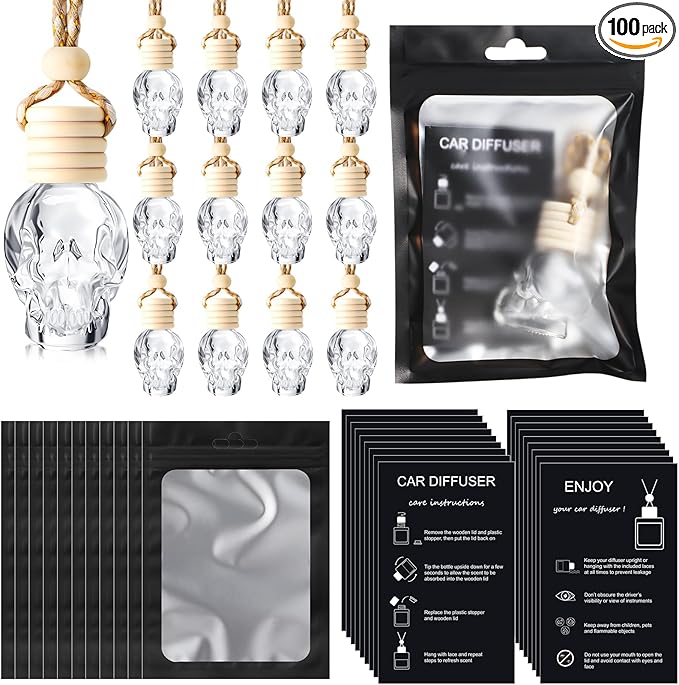 Boao 100 Sets Hanging Car Air Freshener Diffuser Bottles with Instruction Card and 4 x 6'' Resealable Holographic Bag for Empty Car Essential Oil Perfume Bottles Packaging (Black Card,Skull)