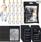 Boao 100 Sets Hanging Car Air Freshener Diffuser Bottles with Instruction Card and 4 x 6'' Resealable Holographic Bag for Empty Car Essential Oil Perfume Bottles Packaging (Black Card,Skull)