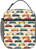 Car Theme Lunch Box for Women Adults Kids, Insulated Cooler Polyester Vintage Classic Cars Lunch Bag for Picnic, School, Office, Travel, Work, Portable Reusable Tote Thermal Lunch Bags