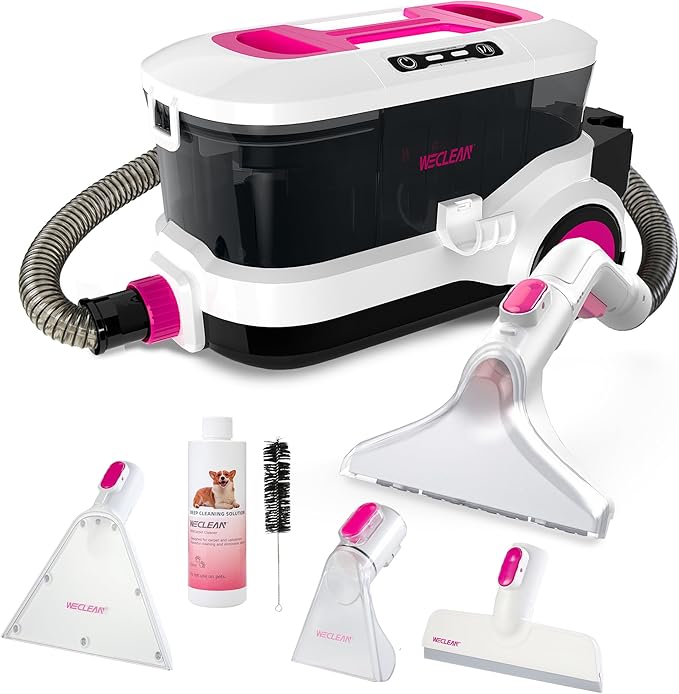 WECLEAN C4 Pink Carpet Cleaner Machine, Portable 800W 18KPa Deep Cleaner with Stand-Up Handle and Wide Squeegee for Pet Stains on Carpets, Rugs, Upholstery and Car Interiors, 3L Clean/1.5L Dirty Tank