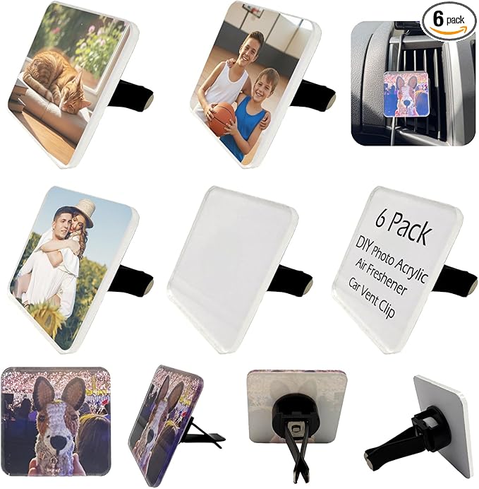 6 Pack Blank Acrylic Car Air Vent Clips, DIY Square Outlet Perfume Fresh Scent Car Air Freshener Vent Clip, for Interior Decoration and Fragrance Accessories, Personalized Your Own Photo