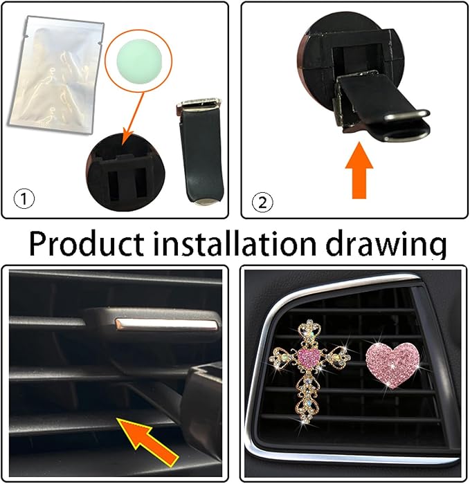 2PCS Bling Car Vent Clip Car Accessories, Crystal Rhinestone Cross and Heart Car Air Fresheners Vent Clips, Diamond Auto Air Conditioner Outlet Decoration Charm for Women