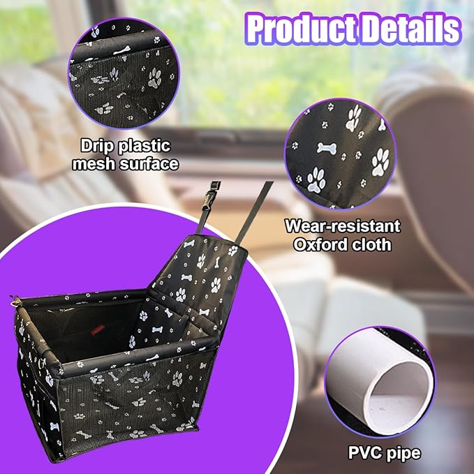 Pet Car Seat, Breathable & Waterproof Oxford Dog Car Booster Seats with Seat Belt and Mesh Window, Portable Foldable Travel Look Out Bag for Small Medium Dogs & Cats (Black, 1PC)