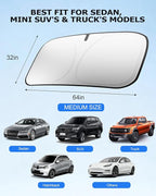DMJN Windshield Sun Shade - Medium, Car Sunshade for Front Windshield [100% Efficient Block UV & Scorching Sun] UPF50+ Heat Block - Protect Interior & Keep Cooler