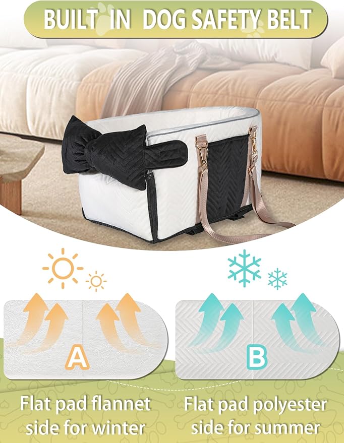 Small Dog Car Seat, Portable Dog Seat with Soft Washable Cushion,Center Console Dog Car Seat for Small Dogs Up to 13lbs(White)