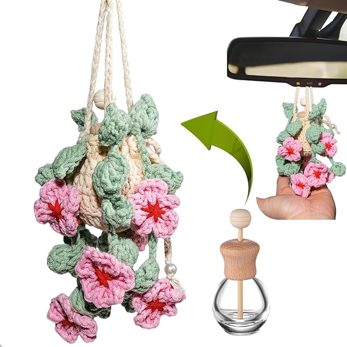 Crochet Car Air Freshener, 15ml Empty Refillable Oil Diffuser Bottle With Crochet Cherry Blossom Hanging Plant for Car Accessories, Crochet Plant for Rear View Mirror Decor, Home and Office Decor