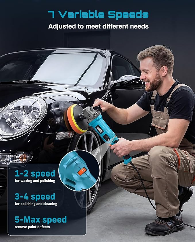 Seesii Car Buffer Polisher 1600W, 7"/6" Variable Speed 2056-3600 RPM Rotary Polisher with Copper Motor & Detachable Handles, Ideal for DIY Detailers, Auto Detailing Hobbyists, Scratch Removal & Waxing