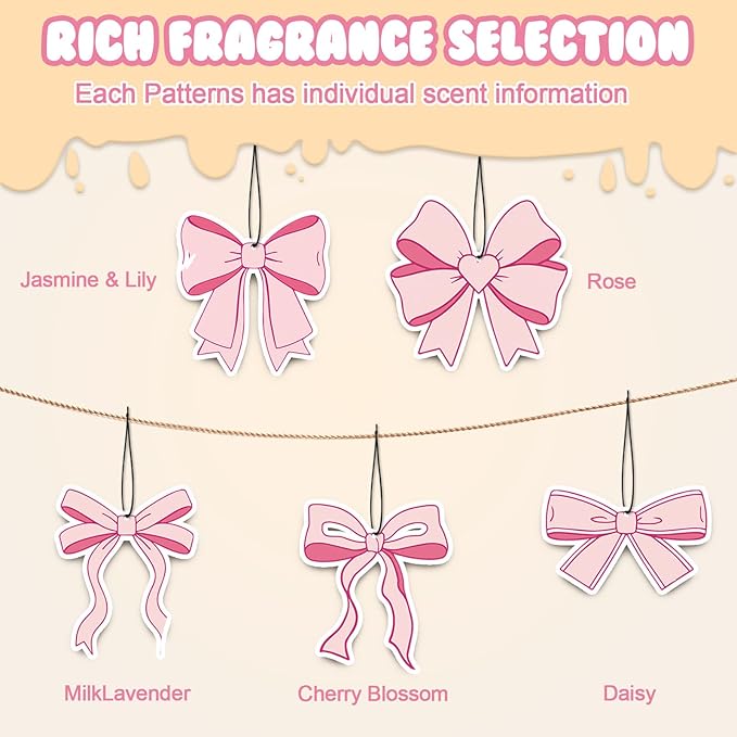Pink Bow Car Air Fresheners,5-Pack Floral Scents Cute Car Accessories,Funny Hanging Ornament Decor for Rearview Mirror,Long-Lasting Fresh Gifts for Women,Girls,Coworkers,Teacher & Nurse