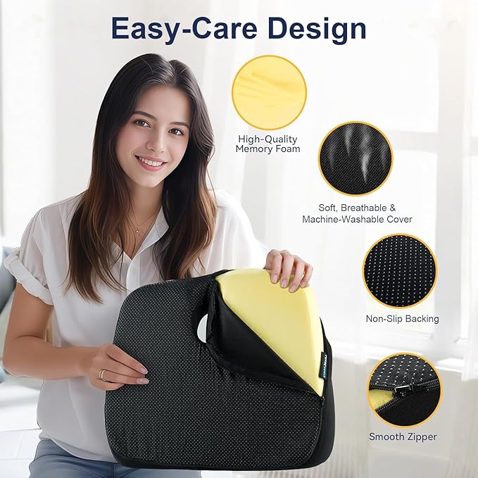 Ergonomic Memory Foam Seat Cushions for Office Chairs –Office Chair Cushion for Coccyx, Tailbone & Pressure Relief –Large Desk Chair Pad for Office, Gaming & Long Sitting,Washable Non-Slip Cover