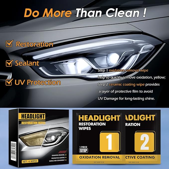 Headlight Restoration Kit, 2-Step Headlight Cleaner & Ceramic Coating Wipes, Removes Oxidation & Restores Clarity, Long-Lasting UV Protection, Headlight Polish No Tool Required