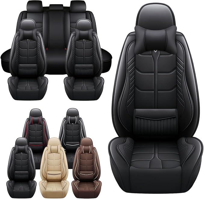 Leather Car Seat Covers Fit for Toyota Prius Prime 2017-2024, 5 Seater Car Seat Cover, Premium Waterproof, Scratch Resistant Car Interior Accessories (Full Set with Pillow Black)