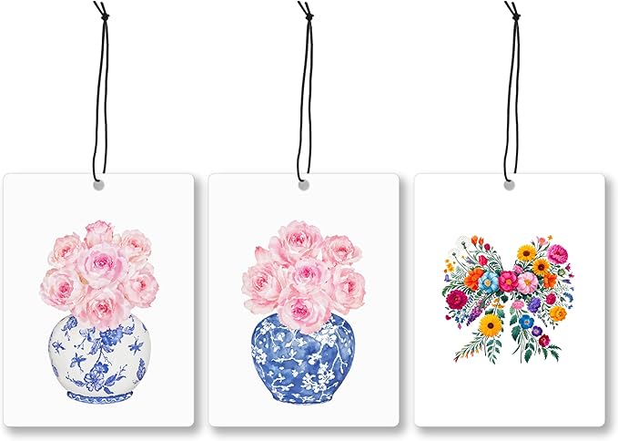 Mancheng-zi Blue and White Chinoiserie Pink Peony Flower Car Air Freshener 3Pcs, Colorful Flower Air Freshener Hanging for Cars Closet Drawer or Books, Girly Car Accessories Mirror Decor for Women