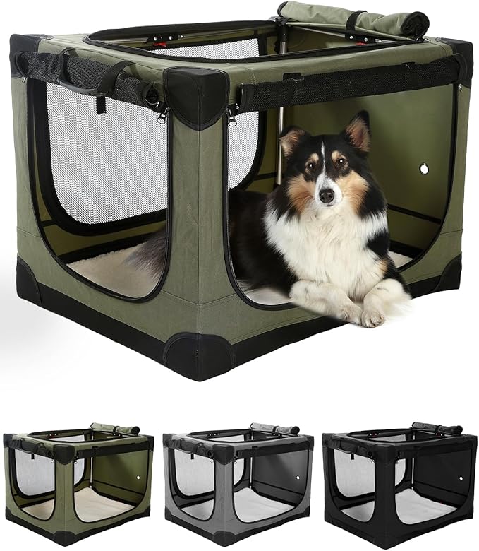 24" L x 17" W x 17" H Collapsible Travel Dog Crate, Portable Soft Dog Kennel for Small Medium Pets up to 30 lbs, 4-Door Foldable Travel Crate with Durable Mesh & Storage Bag, Green