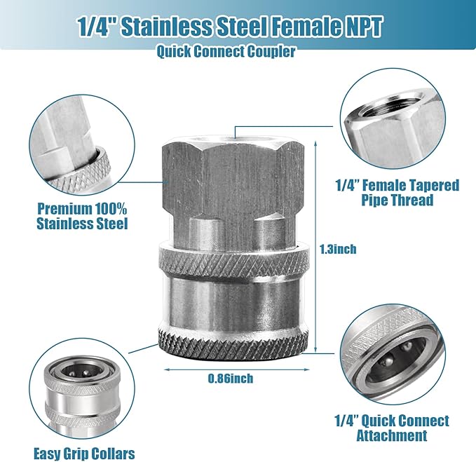 2 Sets NPT 1/4 Inch Pressure Washer Coupler Quick Connect Plug Stainless Steel Male and Female Quick Connect Fittings Pressure Washer Adapter Set (Internal Thread, External Thread)