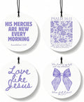 Purple Christian Round Car Air Freshener 4 Pcs, Girly Pouple Bow Floral Religious Hanging Air Freshener for Cars Closet Drawer Books, Cute Preppy Car Accessories Mirror Decor for Women