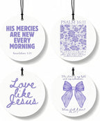 Purple Christian Round Car Air Freshener 4 Pcs, Girly Pouple Bow Floral Religious Hanging Air Freshener for Cars Closet Drawer Books, Cute Preppy Car Accessories Mirror Decor for Women