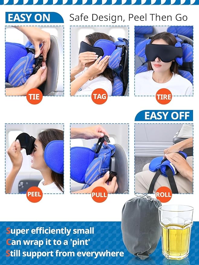 Travel Pillows for Airplanes, Airplane Pillow with 3D Eye Mask for Sleeping, 360° Support Head Strap for Long Flights, Car, Road Trip Car Headrest, Travel Essentials Stop Bobblehead, Purple