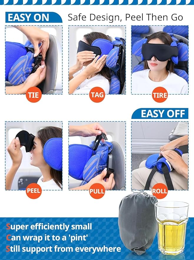 Travel Pillows for Airplanes, 360° Support Headrest Pillow with Eye Mask for Sleeping, Travel Airplane Pillow for Long Flights Car Road Trip, Travel Accessories Stop Bobblehead, Black