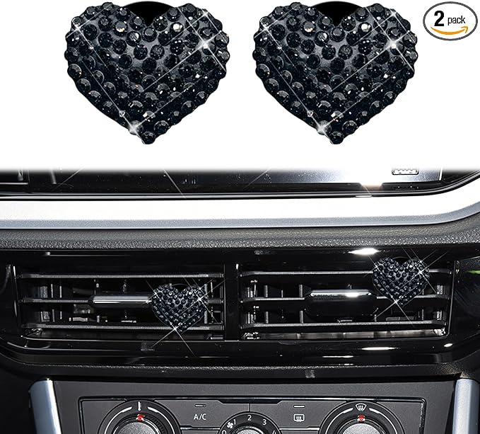 2PCS Bling Heart Air Vent Clips, Heart Car Accessories, Bling Heart Charm Air Conditioning Outlet Clip, Car Interior Decor Air Fresheners Vent Clips Universal Fit for Women and Girls (Black)