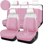 CAR PASS Nappa Leather Seat Covers for Car, Waterproof Seat Covers Full Set, Luxury 3D Rhombus Lined Sponge Airbag Compatible Universal Fit for Automotive SUV Truck Pickup Sedan, Pink White