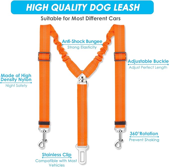 SlowTon Dog Seat Belt, Double Dog Seatbelt Adjustable Vehicle Safety Leash with Elastic Bungee Buffer, Reflective No Tangle Y Shape Two Dog Harness Seat Belt Splitter for Pets Car Trip (Orange, S)