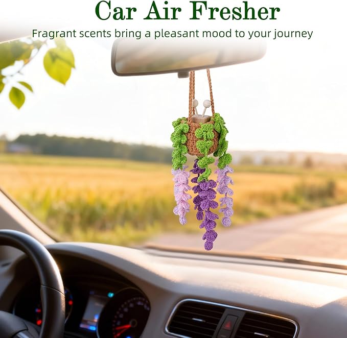 Crochet Car Air Freshener, 8ml Empty Refillable Oil Diffuser Bottle with Hanging Crochet Purple Wisteria Plant & Hanging Tools, Car Rearview Mirror Diffuser for Wall Art & Home & Office Decoration