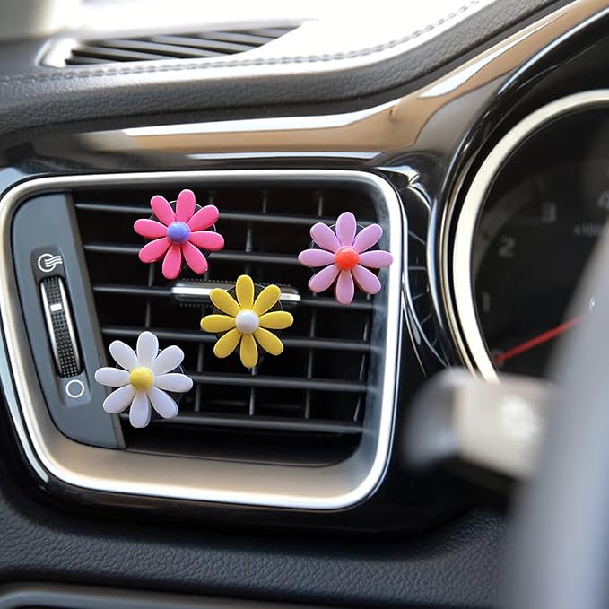 4 Pieces Daisy Flower Air Vent Clips, Cute Colorful Car Air Freshener Clip & Diffuser, Boho SUV Outlet Vent Decorations, Charm Car Inter Decor Accessories for Girls Women
