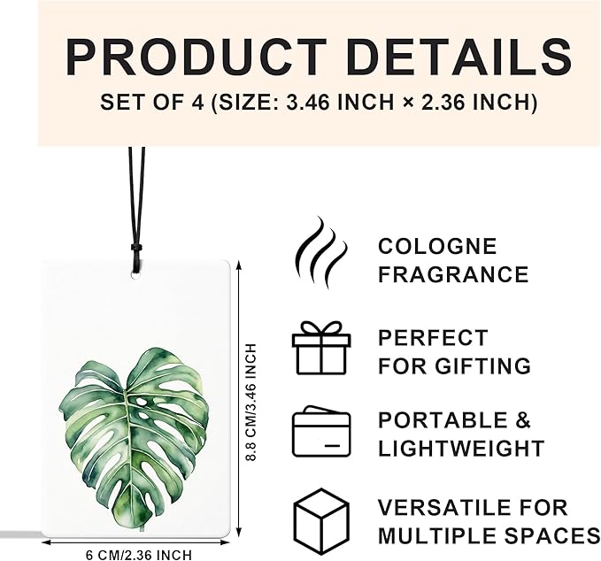 Green Plant Car Air Freshener 4 Pcs, Watercolor Tropical Monstera Succulents Leaves Botanical Air Freshener Hanging for Cars Books Closet Drawer, Plant Car Accessories for Women Men