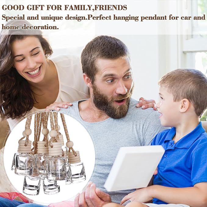 50Pcs Hanging Car Air Freshener Diffuser with Wooden Caps 8ML Empty Clear Car Diffuser Bottles Hanging Glass Essential Diffuser Oil Fragrance Perfume Pendant Glass Vial,Cylindrical