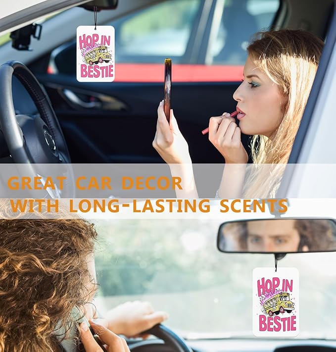 Hop In Bestie Funny Car Air Fresheners Hanging Yellow Bus Pink Car Interior Accessories 2Pcs, Pepper Cars Mirror Accessories Cute Funny Gift Cars Decor for Women Men(Real)