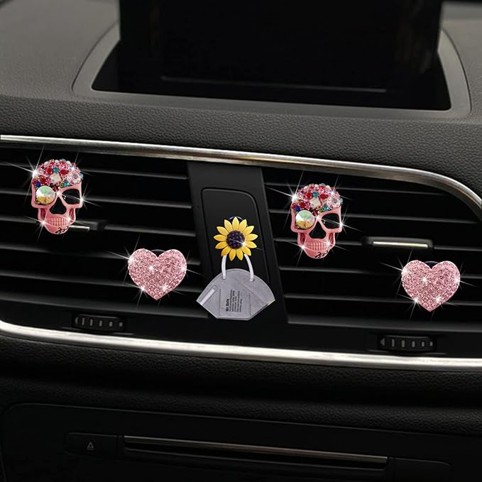 Pink Heart & Skull Air Vent Clips - 4 Pcs Diamond Car Interior Decor, Bling Skeleton Air Fresheners, Vents Clips, Funny Car Accessories + Sunflower Mask Hook