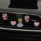 Pink Heart & Skull Air Vent Clips - 4 Pcs Diamond Car Interior Decor, Bling Skeleton Air Fresheners, Vents Clips, Funny Car Accessories + Sunflower Mask Hook