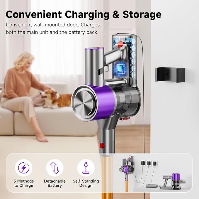 Cordless Stick Vacuum Cleaner, 40Kpa Powerful Suction Vacuum Cleaner with LED Headlight, Detachable Battery, 8-in-1 Lightweight Handheld Vacuums for Pet Hair Carpet and Hardwood Floor, Purple