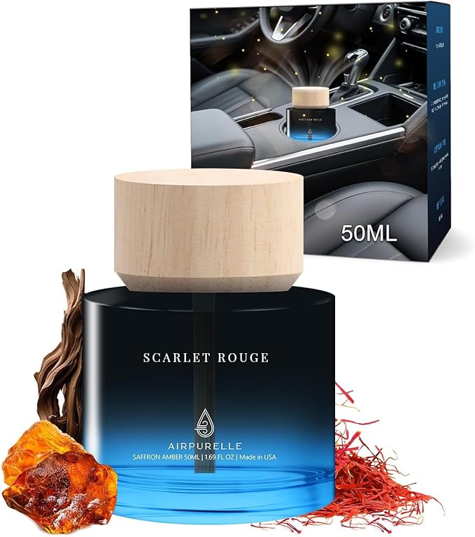 Car Air Freshener 50ML (1.7 FL OZ) Car Air Fresheners Perfume - Saffron Amber Fragrance Oil Air Diffuser for Car, 180+ days Long Lasting Fragrance, Car Air Freshner Wooden Cup Design, Made in USA