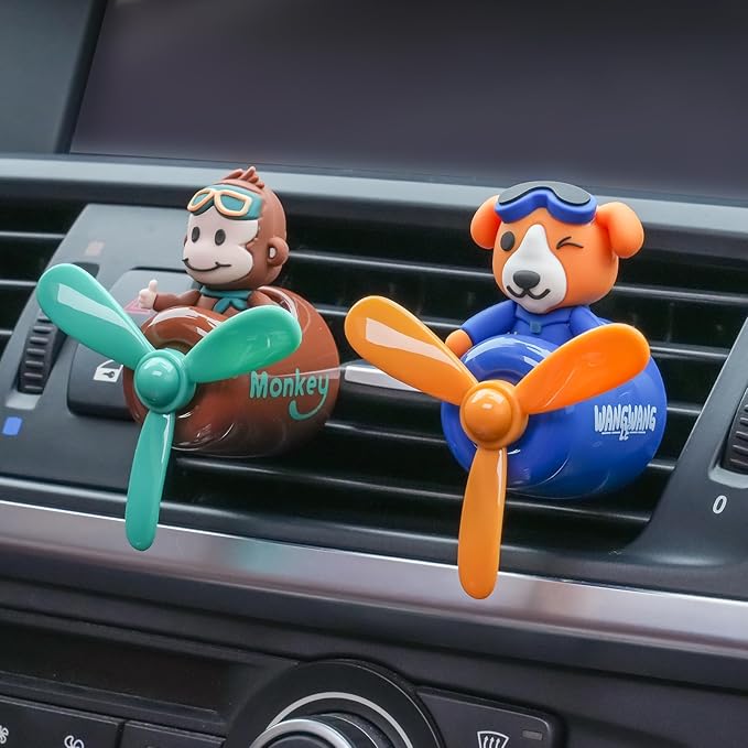 2Pcs Pilot Car Air Fresheners, Cute Rabbit Car Vent Clip Air Freshener with 8 Fragrant Tablets Automotive Air Outlet Fan Diffuser, Automotive Interiors Vent Decoration (Monkey+Rabbit)