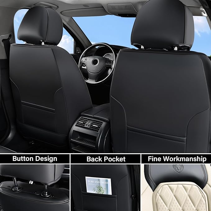 Coverado Car Seat Covers Front Seats, Waterproof Faux Leather Car Seat Covers 2 Pack, Universal Car Seat Protector Driver Seat Covers Fit for Most Cars Trucks SUV- Black&White