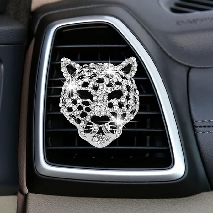 Bling Leopard Air Vent Clips, Crystal Leopard Car Air Fresheners Vent Clips Car Diffuser Vent Clip Rhinestone Decoration Interior Decor Bling Accessories for Women (Silver)