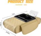 Car Center Console Armrest Pillow, Memory Foam Leather 4 in 1 Vehicle Arm Rest Cover with Tissue Box 2 Side Storage Bag Cup & Phone Holder, Auto Armrest Cushion, Universal Fit (Beige)