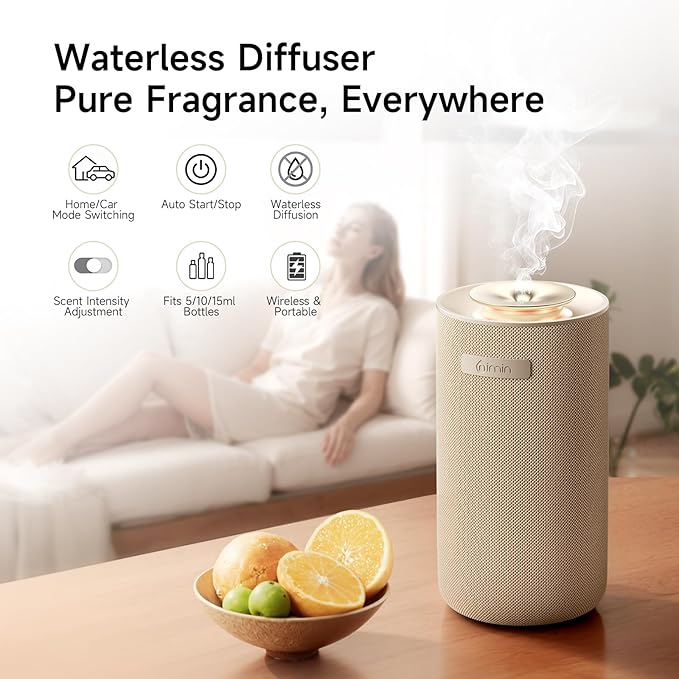 Auto-Start/Stop 2-in-1 Car Diffuser, Waterless Essential Oil Diffuser & Auto Air Freshener for Home Aromatherapy, Cordless Adjustable Fragrance Diffuser Compatible with 5/10/15ml Bottles