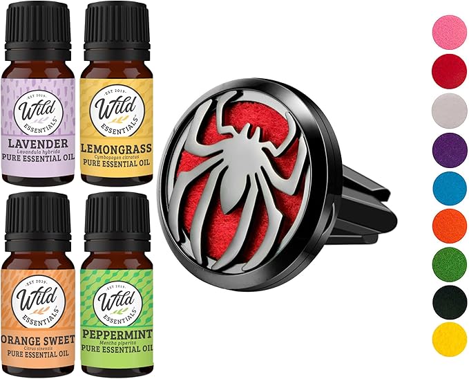 Wild Essentials Black Chrome Spider Essential Oil Car Vent Diffuser Kit, Lavender, Lemongrass, Peppermint, Orange Oils, Stainless Steel Locket, 8 Refill Pads, Customizable Color Changing Air Freshener