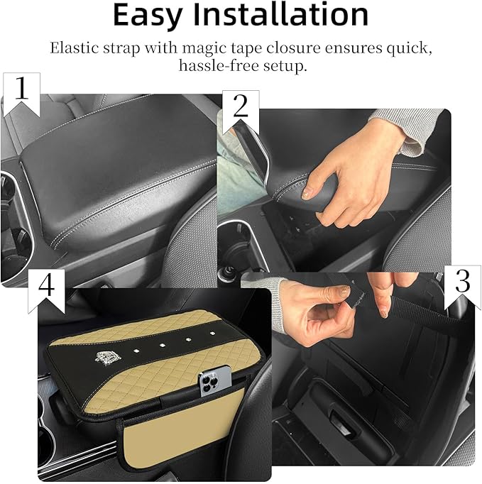 NBTEPEM Bling Crown Car Center Console Armrest Cover, Leather Middle Console Cover Cushion with 2 Storage Bags, Car Armrest Storage Box Interior Accessories for Most Vehicles(Beige)