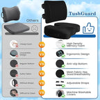 TushGuard Back&Seat Cushion, Car Seat Office Chair Cushions, Breathable Memory Foam Lumbar Back Support Pillow, Portable Airplane Seat Cushion for Travel, Computer Desk, Wheelchair, Driving (Black)