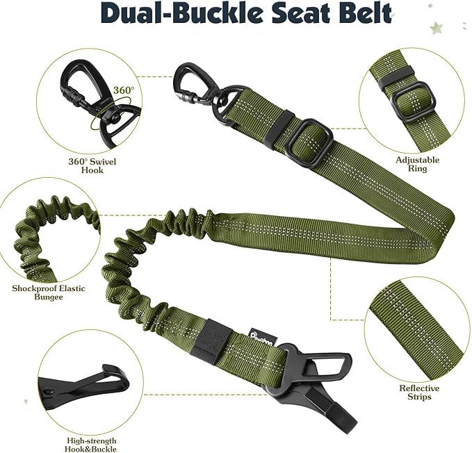 Pawaboo Dog Seat Belt Harness for Car, Dog Car Harness Seatbelt with Double Clips, Adjustable Breathable Pet Vest & Dogs Safety Tether with Elastic Bungee for Small Medium Large Pet, XXL,Green + Black