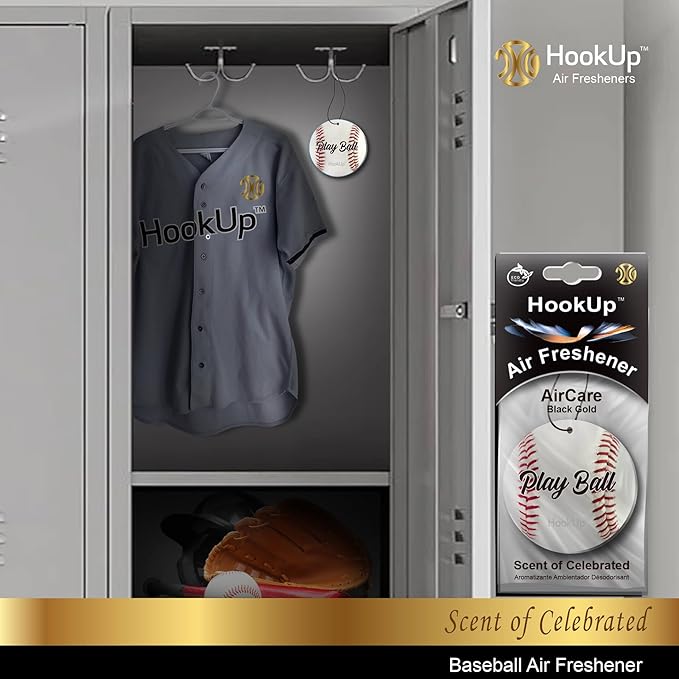 Baseball Car Air Freshener by HookUp - 10 Pack - Black Gold Scent (Extra Strong) | Unique Baseball Gift for Players, Coach, Fans | Hanging Car Accessory with Long Lasting Fresheners Smell