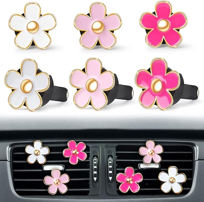 Pink Car Accessories for Women Teen Girls 6PCS Cute Auto Scent Air Fresheners Vent Clips Girly Daisy Flower Decorations Interior Aesthetic Things Cars Perfume Decor Stuff Valentines Gifts for Her Mom